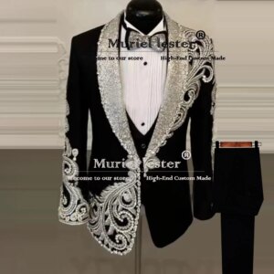 Sparkly Sequins Groom Wedding Suit Beaded Stones Prom Blazers Customized 3-Piece Set Mens Tuxedos Slim Fit Man vestido de novia