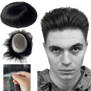 Indian Virgin Human Hair Systems Black Color 1# Wide PU AUS Toupee 8×10 Center Lace Perimeter PU Unit for European Men