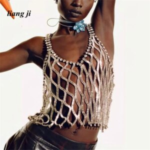 Sexy Crystal Body Chain Chest Chain Bikini grid Three Point Thong Female nightclub Glistening Bra Chain Beach Outfit Accessories