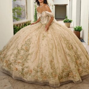 Champagne Shiny Quinceanera Dresses Ball Gown Off The Shoulder Sequin Applique Flower Beads Tull Party Birthday Sweet 16 Vestido
