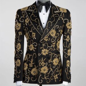 Luxury Gold Crystals Men Suits Set 2 Pieces Black Blazer+Pants Trousers Wedding Tuxedos Jacket Formal Office Red Carpet Coat
