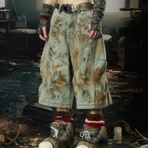 Niche Designer Wasteland Style Wear Dirty Dyed Design Side Pinch Pleated Layered Wide Leg Cropped Jeans Summer