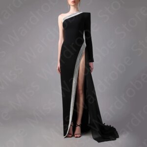 Customized Gorgeous Evening Dresses 2024 Black Prom Party Gowns Thigh Slit Long Sleeves Wedding Guest Dress One Shoulder On Sale