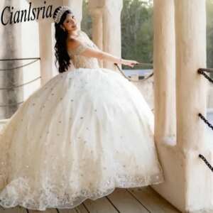 Champagne Off The Shoulder Quinceanera Dresses Ball Gown Appliques Lace Sweet 15 Años Mexican Customized