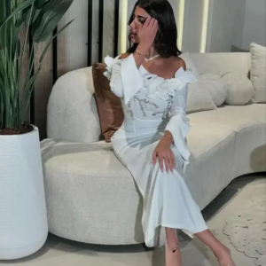 CustomizedMermaid Prom Dresses Off The Shoulder Long Sleeves Pleated Flower Beadings Ankle Length Party Dresses Evening