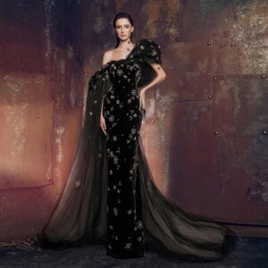 L413 Black Velvet One Shoulder Beaded Mermaid فساتين السهرة vestidos de fiesta  فساتين سهره evening dresses