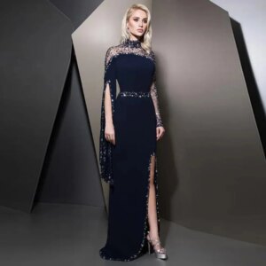 Exquisite High Neck Long Sleeves Evening Dress with Beading Side Slit Straight Floor Length Women Customized Wedding Party Gown