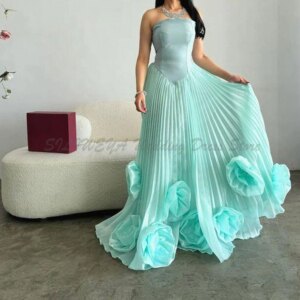 Light Prom Dresses Women Strapless Wrinkle Sleeveless Flowers A Line Alliques Formal Occasion Special Party Evening Banquet Gown