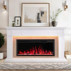 Electric Fireplace Mantel with Grey Marble Finish, 69” Fireplace TV Stand with 42”Electric Fireplace Heater, Remote Control, Adj