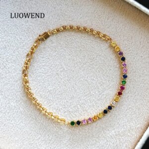 LUOWEND 100% 18K Yellow Bracelet Luxury Rainbow Design 1.15carat Natural Color Sapphire Bracelet for Women High Party Jewelry