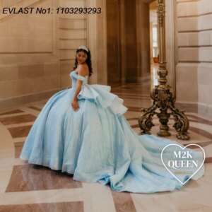 EVLAST Customized 2025 Sky Blue Ball Gown Quinceanera Dress Shiny Applique Beading Tiered Sweet 16 Vestidos De 15 Anos E1Q602