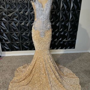 Dazzling Light Gold Birthday Prom Dresses Sequin Silvery Crystal Beads Mermaid Formal Occasion Dress Black Girls Customized