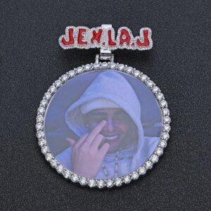 Customized Hip Hop Diamond Picture Pendants Memory Photo Necklace Large Circle Plated 18K Gold Letter Medal Ice Pendant 