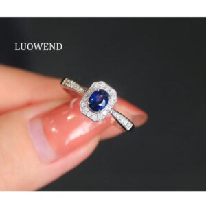 LUOWEND 100% 18K White Gold Rings Shiny Diamond Natural Sapphire Ring Classic Shiny Design Luxury Gemstone Jewelry for Women