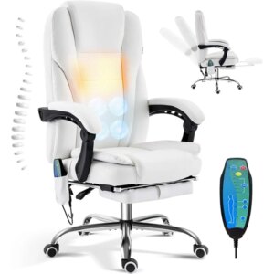 Reclining Massage Office Chair with Footrest, High Back Ergonomic Executive Chair with Heating and Vibration Function(White)
