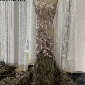 Black African 3D Feather Lace Fabric High Quality Embroidery French Sequins Beads Lace Fabric For Nigerian Wedding Party Dresses