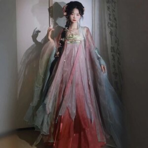 Women In Hanfu[Flower Fairy]Tang Style Heavy Industry Embroidered One Piece Hezi Skirt, Shattered Big Sleeve Shirt Set, Spring