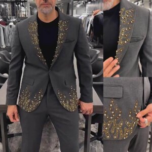 Handsome Beaded Wedding Tuxedos 2 Piece Set Jacket Pants Pearls Peaked Lapel Men Suit Customized Groom Wear Party Suits