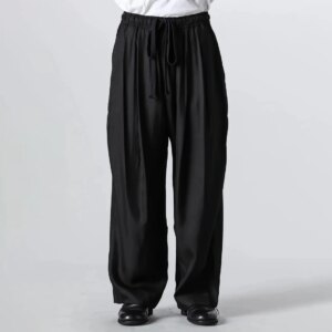 YOJI OOAK loose-fitting black straight-leg pants Elastic waist lace-up pants multi-pocket casual pants for men