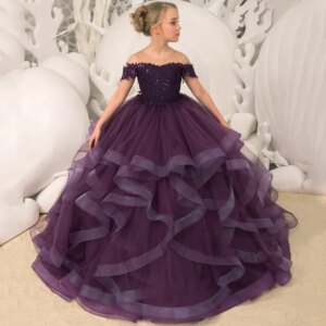 Custom Grape Purple Floral Appliques Tiered With Trailing For Wedding Birthday Party Banquet Gown Customized Flower Girl Dresses