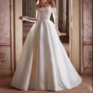 Customized Long Sleeve Wedding Dresses For Women Off Shoulder Satin Puffy Skirt Plus Size Bridal Gown vestido de noiva casame