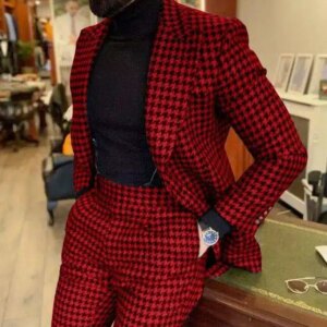 Vintage Men’s Thousand Bird Grid 2 Piece Jacket Pants Sets Wedding Suits for Men Formal Business Party Wear Customized