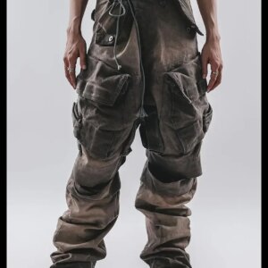 Three-dimensional Arc Wide-leg Pants Three-dimensional Pocket Washing Water Old Splicing Cargo Overalls Horseshoe Pants Trendy