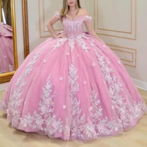 Pink Shiny Quinceanera Dresses Off Shoulder Ball Gown Sweet 16 Dress Applique Lace Beads Bow Tull Birthday Party Vestidos 15
