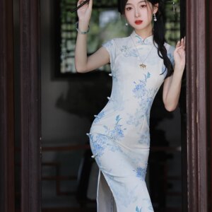 Cheongsam New Summer Chinese Style Daily Wearable Cool White Improved Young Girl Blue and Porcelain