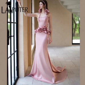 Full Mermaid Pink Evening Dresses Waist 3D Leaf Flowers Prom Dress Strapless Neck Fairy Peplum Formal Dress
