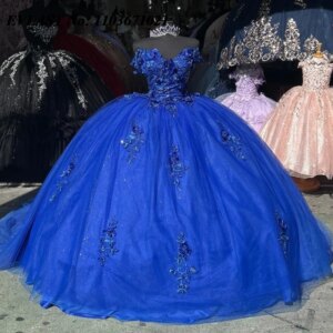 EVLAST Mexican Royal Blue Ball Gown Quinceanera Dress Off Shoulder Lace Applique Beading Sweet 16 Vestidos De XV Anos SQ313