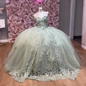 Light Green Quinceanera Dresses Pretty Applique Lace Bow Tull Off The Shoulder Ball Gown Corset Sweet 16 Dress Vestido De 15 Ano