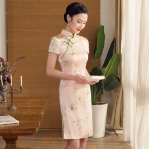 Cheongsam Qipao Women’s Dress Summer Younger Suit Stand Collar High Quality Real Silk Chinese