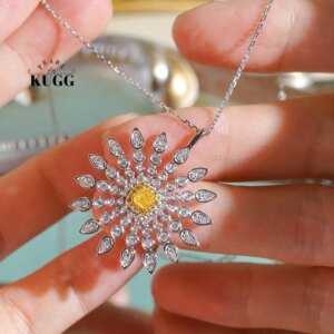 KUGG 100% 18K White Gold Necklace Luxury Flower Shape Real Natural Yellow Diamond Pendant Necklace for Women High Party Jewelry