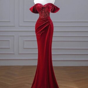 Wine Red Velvet One Shoulder Bridal Wedding Light Luxury Banquet Temperament Fish Tail Evening Gown