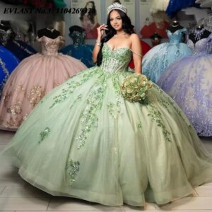 EVLAST Customized Glitter Sage Green Quinceanera Dress Ball Gown Appliques Beaded Bow Corset Sweet 16 Vestidos De 15 Anos E3Q500