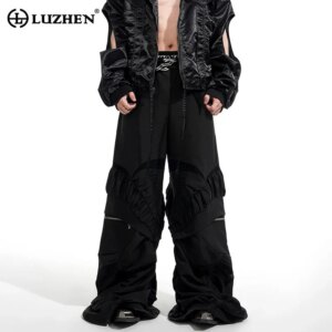LUZHEN 2025 New Personalized Pleated Patchwork Design Wide Leg Jeans Men’s Original Streetwear Straight Loose Denim Pants JY2217