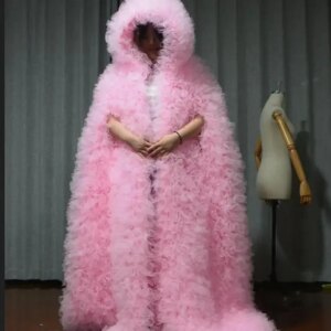 Amazing Voluminous Tulle Hooded Long Jackets Ruffles Trimmed Tulle Full Sleeves Women Vest Outwear Outfit Long Maxi Gowns