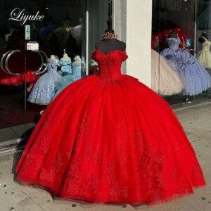 Liyuke New Arrival Classic Red Color Sweetheart Quinceanera Dress With Off The Shoulder Rhinestones Beads Lace Up Closure