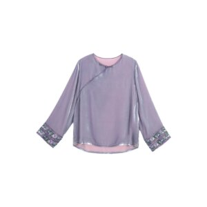 High Quality Women’s New Chinese Style Real Velvet Bottoming Shirt Vintage Hem Slit Loose Silk Top