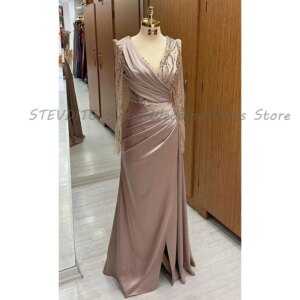 Classic Evening Dress Women Floor Length Long Sleeves V Neck Sweep Train Perspective Banquet Celebrity Female Prom Party Gowns