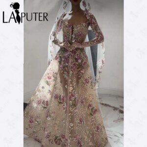 Luxury Floral Lace A line Evening Dresses Illusion Champagne Tone Elegant Woman Celebrity Prom Gown