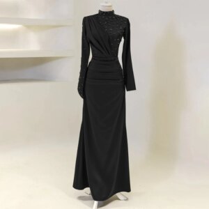 Black Mermaid Evening Dress Long Sleeves Crystal High Collar Wedding Party Gowns for Women 2024 Trumpet Elegant Formal Dresses
