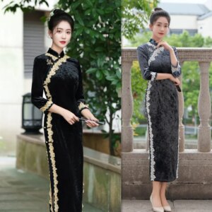 Velvet Long Lace 3/4 Sleeve Cheongsam Qi Pao Autumn New Retro National Style Traditional Chinese for Middle-Aged and Elderly
