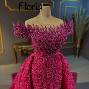Gorgeous Fuchsia Mermaid Prom Dresses with Overskirts for Women 3D Lace Vestido De Noche Chapel Train Abendkleider Customized