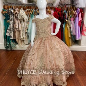 New Design Rose Gold 2024 Sparkly Flower Girls Dress Beads Lace Appliques Child Princess Gown For Birthday Party Gown Customized