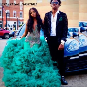 EVLAST Customized Elegant Dark Green Mermaid Prom Dress Black Girls Rhinestone Beaded Ruffles African Birthday Party Gown E2P479