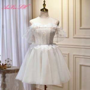 AnXin SH princess white lace spaghetti strap beading flower lace up ruffles short customized evening dress little white dress