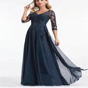 Half Sleeves Navy Blue Sexy Dress for Mother’s Evening Applique Lace Long Elegant Bride Mom Dresses 2024 Chiffon Prom Dress