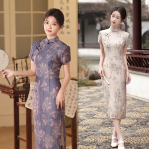 Retro Ethnic Style Linen Mid-Length Short Sleeve Robe Qi Pao Spring and Summer New Middle-Aged Elderly Cheongsam